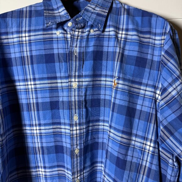 Ralph Lauren Blue Plaid Long Sleeve Button Down Flesh Colored Pony Size XXL - Picture 5 of 7